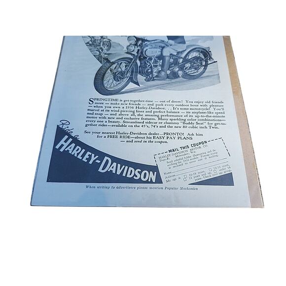 1936 Old Magazine Print Ad, Harley-Davidon Motorcycle, Happy Days are Here! Vtg - Picture 3 of 3